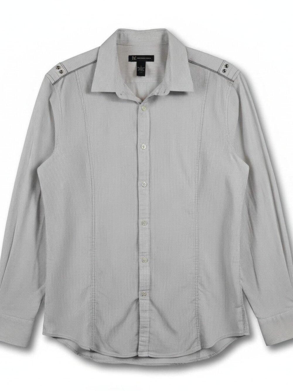 Mens INC Button Down Long Sleeve Shirt White & Grey Pinstripe Size: L